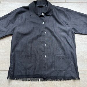Jennifer & Grace Black Button-Up Linen blend Shirt with Fringe Hem size M